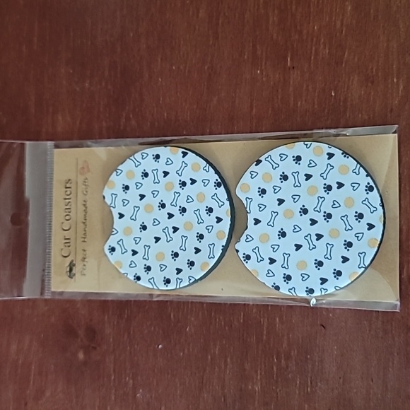 Dog Paw and Bone Handmade Reuseable Neoprene Set of 2 Cup Holder Car Coasters - Picture 4 of 4